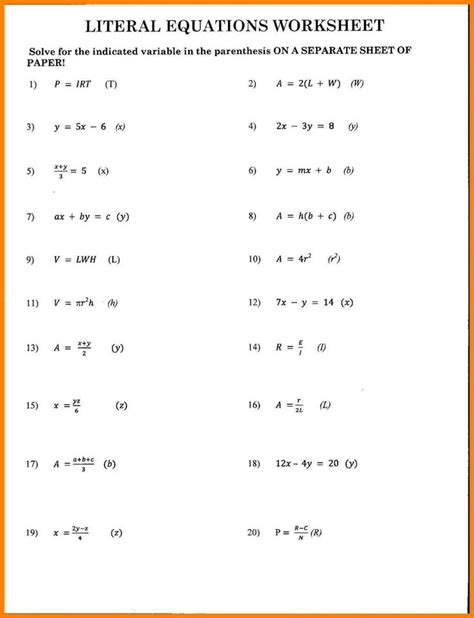 50 Literal Equations Worksheet Answers | Chessmuseum Template Library